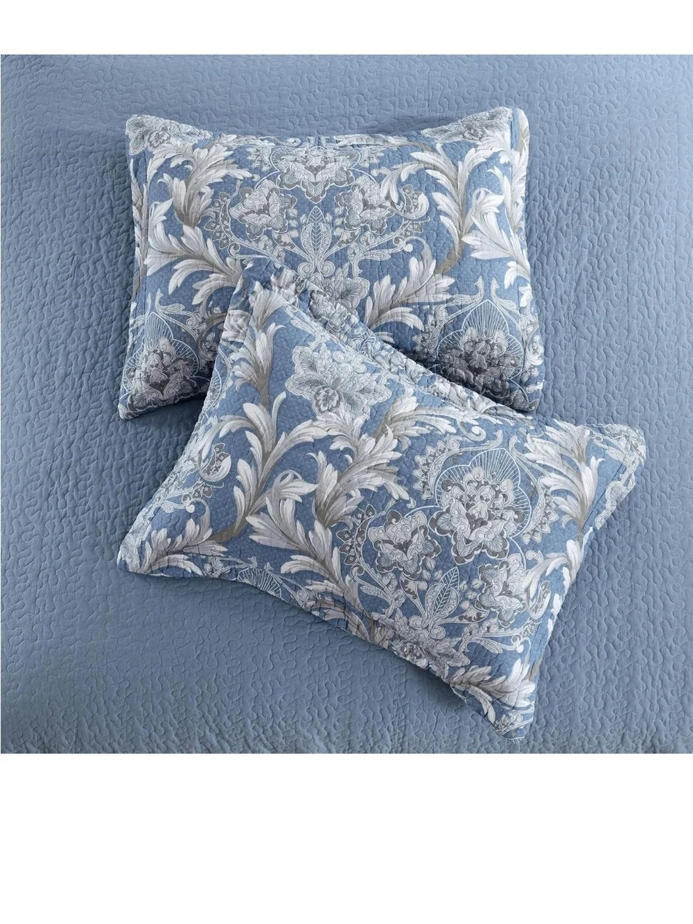 100% Cotton Blue Floral King Quilt Set Luxury Damask 106x98 3 Pcs Reversible